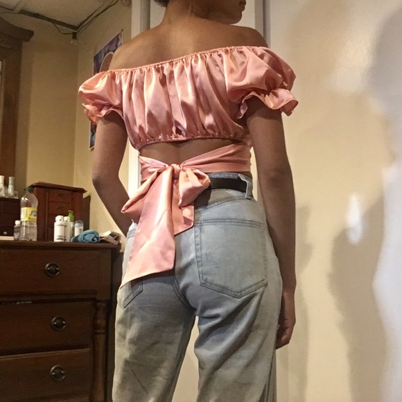 Shein Pink Cuff Satin Ruffle Crop Top Cross Tie - Picture 4 of 5